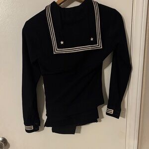 Navy Sailor-Style Pullover Sweater with Striped Trim
